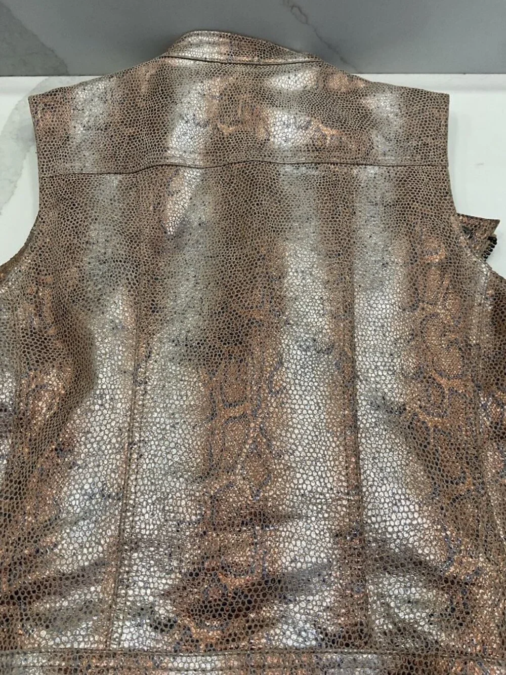 Topshop Gold Metallic Snakeskin Print Leather Vest Size 8 Motorcycle Glam